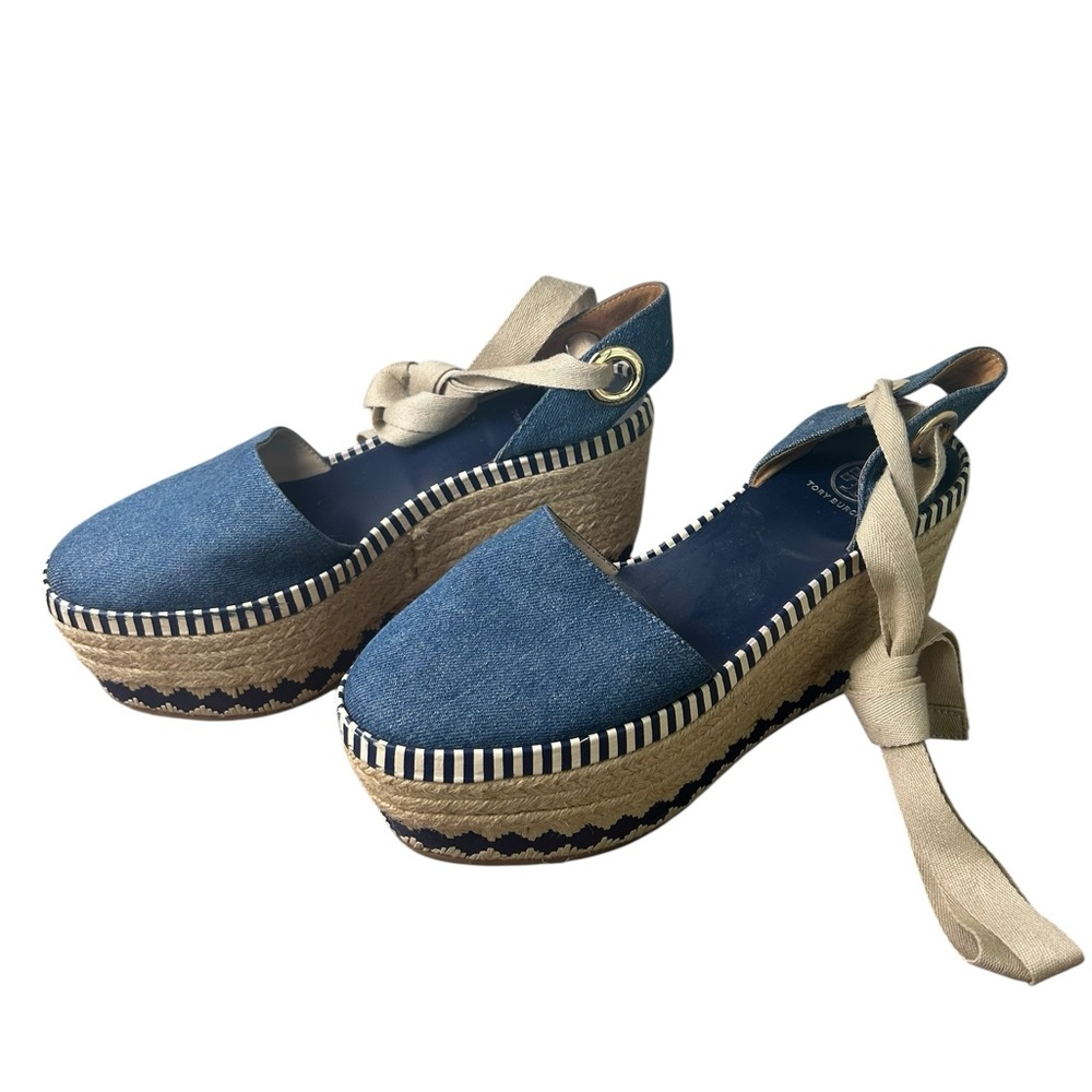 Tory Burch Blue Denim Round-Toe Ankle Wrap Espadrilles